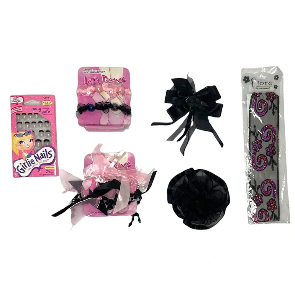 Little Girls Hair & Beauty Bundle Press On Nails Accessories Gift Set Black Pink